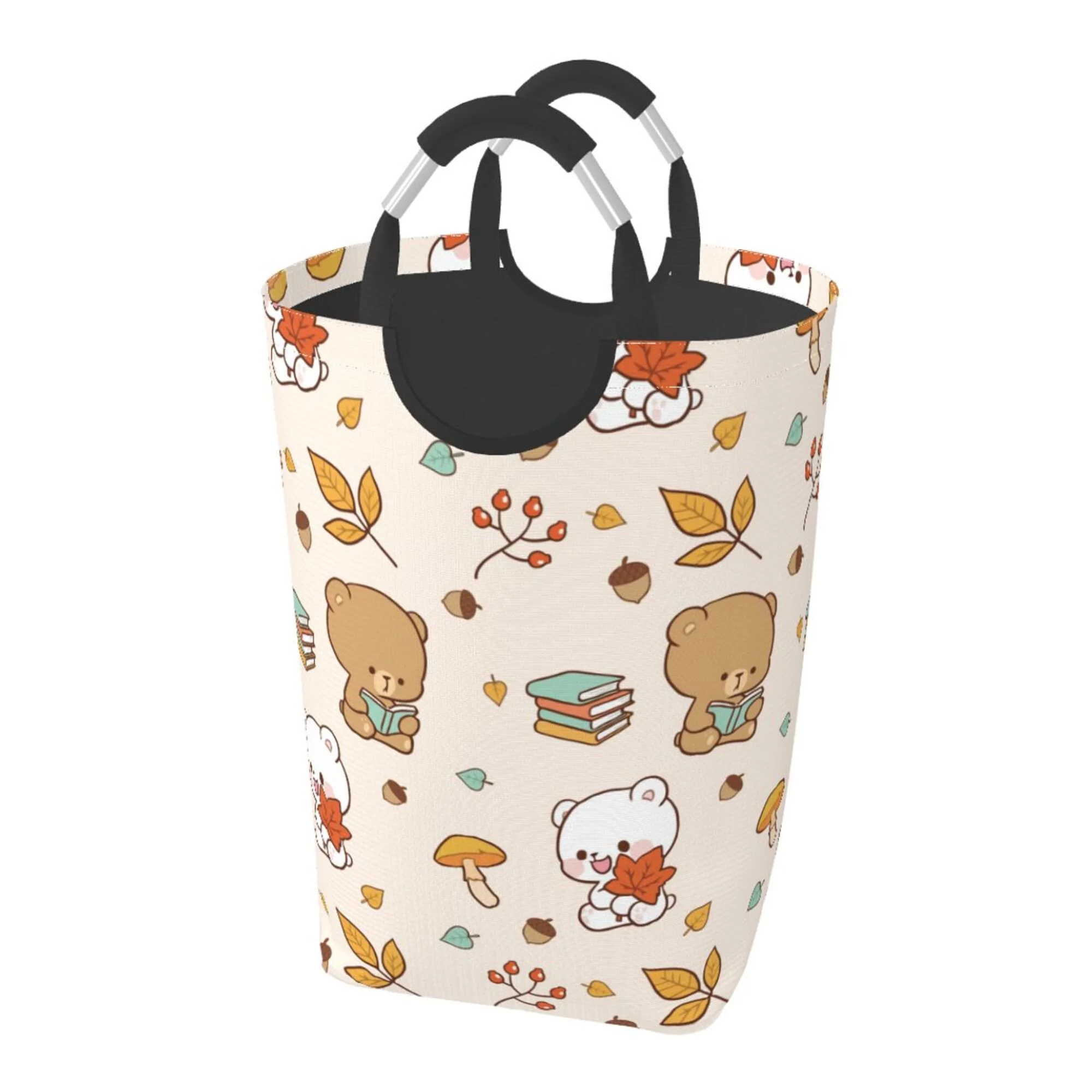 TEQUAN 50L Large Rectangular Laundry Hamper with Aluminum Handles, Cartoon Bear Animal Prints Waterproof Foldable Dirty Clothes Basket