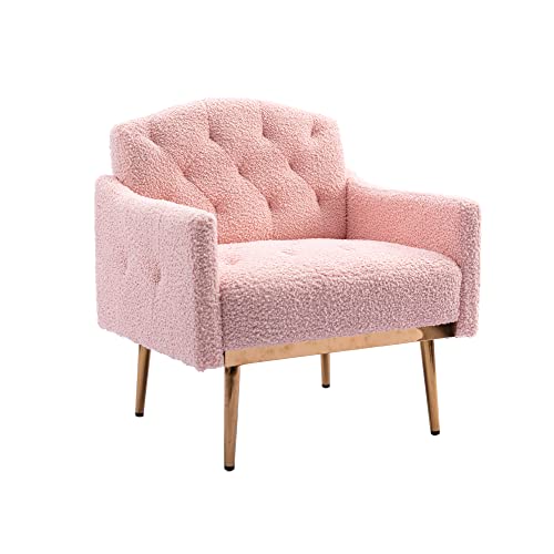 SSLine Upholstered Modern Velvet Accent Chair,Button Tufted Single Sofa Chair with Arms and Golden Finished Metal Legs,Mid-Century Armchairs for Living Room Bedroom Home Office Guest Areas(Rose Red)