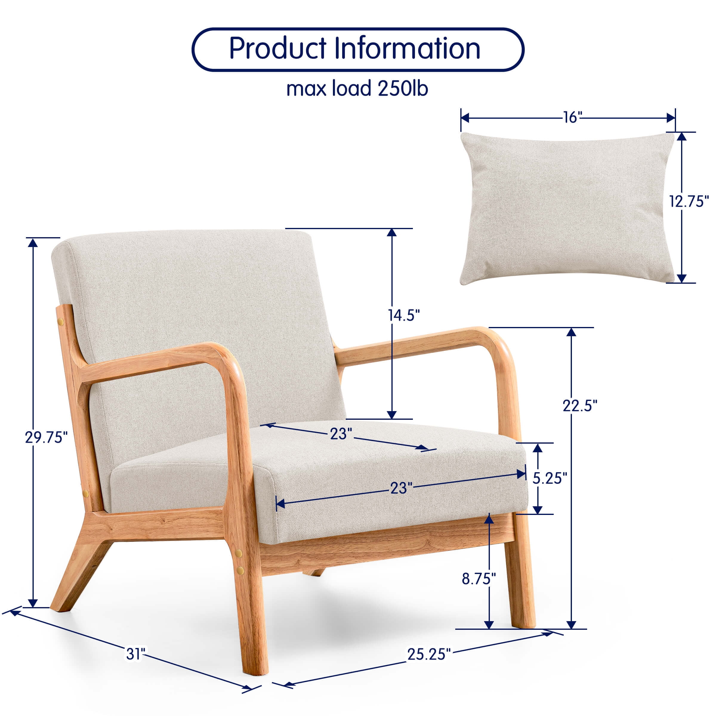 Subrtex Modern Accent Chair Linen Upholstered Arm Chairs with Solid Wood Frame, Beige
