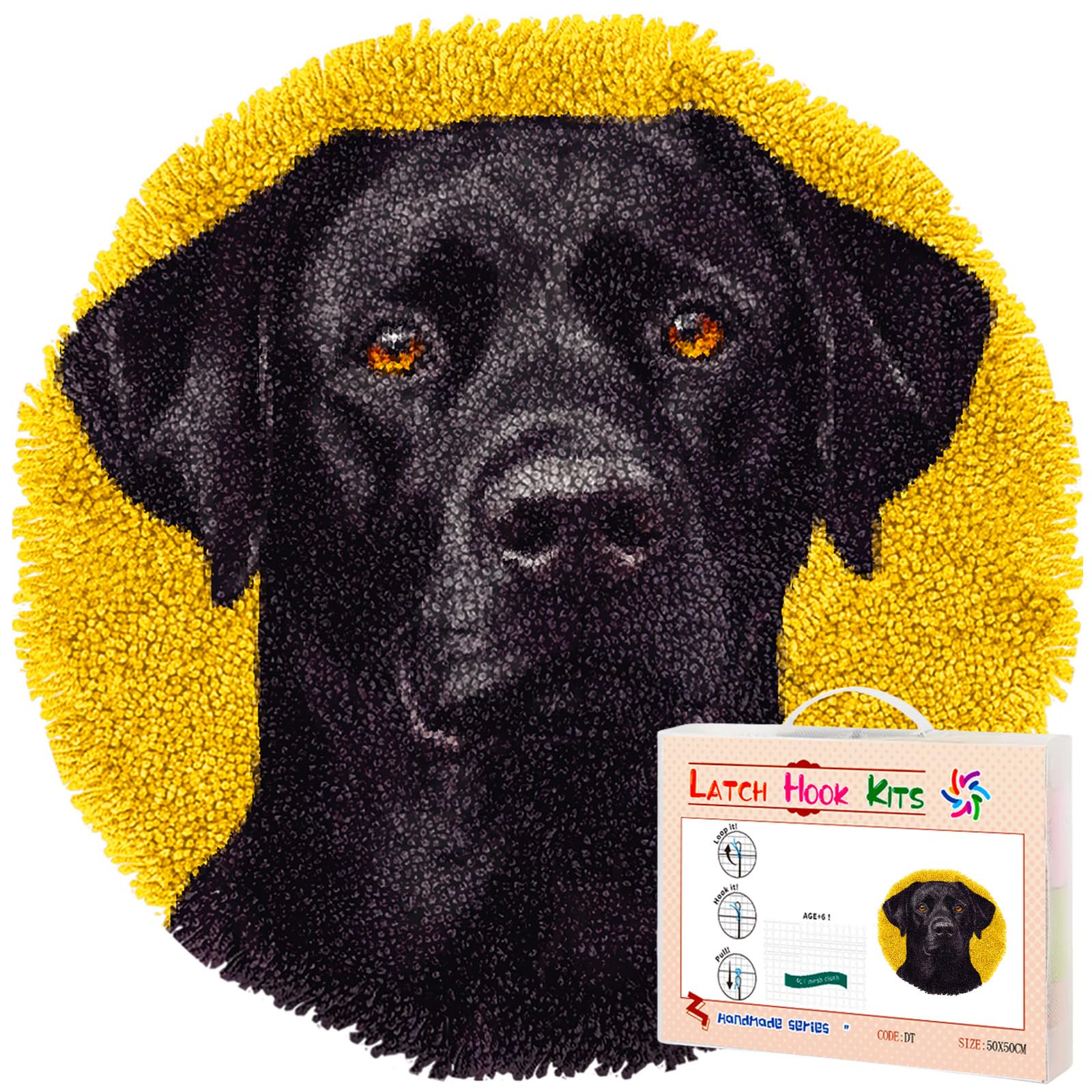 Latch Hook Rug Kit Black Labrador Dog Stamped Handmade Round Shape Carpet Crochet Yarn Craft DIY Hook and Latch Door Mat Tapestry for Home Floor Decor 50x50cm(3)