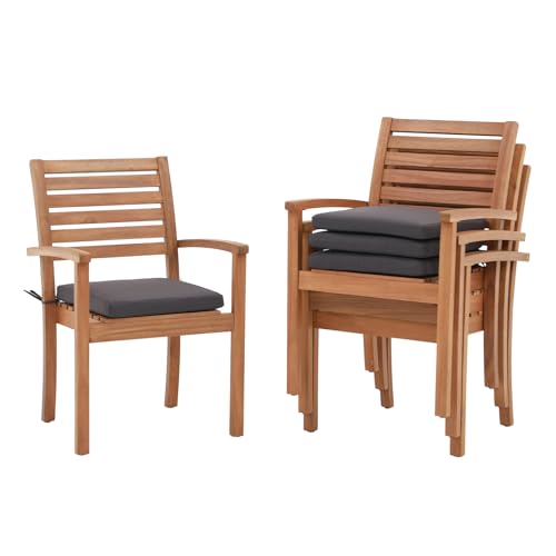 OC Orange-Casual Stackable Patio Dining Chairs Set of 4, Outdoor Acacia Wooden Chairs w/Armrest & Removeable Fabric Cushion, for Porch, Backyard, Garden, Indoor, Dark Grey
