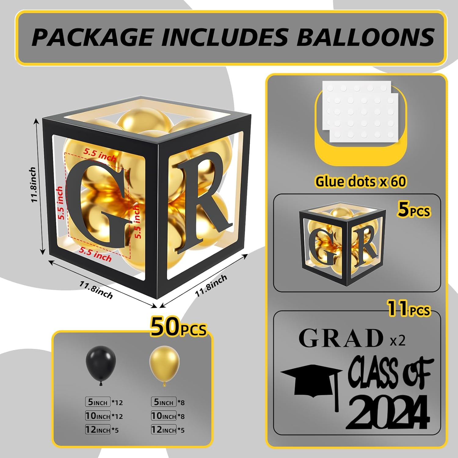5Pcs Graduation Decorations Balloon Boxes for Graduation Decorations Class of 2024, Black Boxes with 