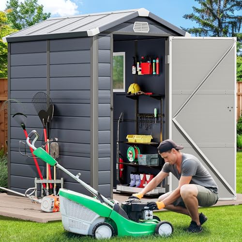 YITAHOME Light Gray Resin Tool Shed, 36 Cu Ft Waterproof Outdoor Horizontal Storage, Weather-Resistant Utility Shed with Air Vent for Trash and Lockable Doors, Garden Tools
