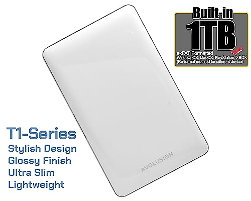 Avolusion T1 Series 1TB USB 3.0 Portable External Hard Drive for PC, Mac, PlayStation & Xbox (White) - 2 Year Warranty