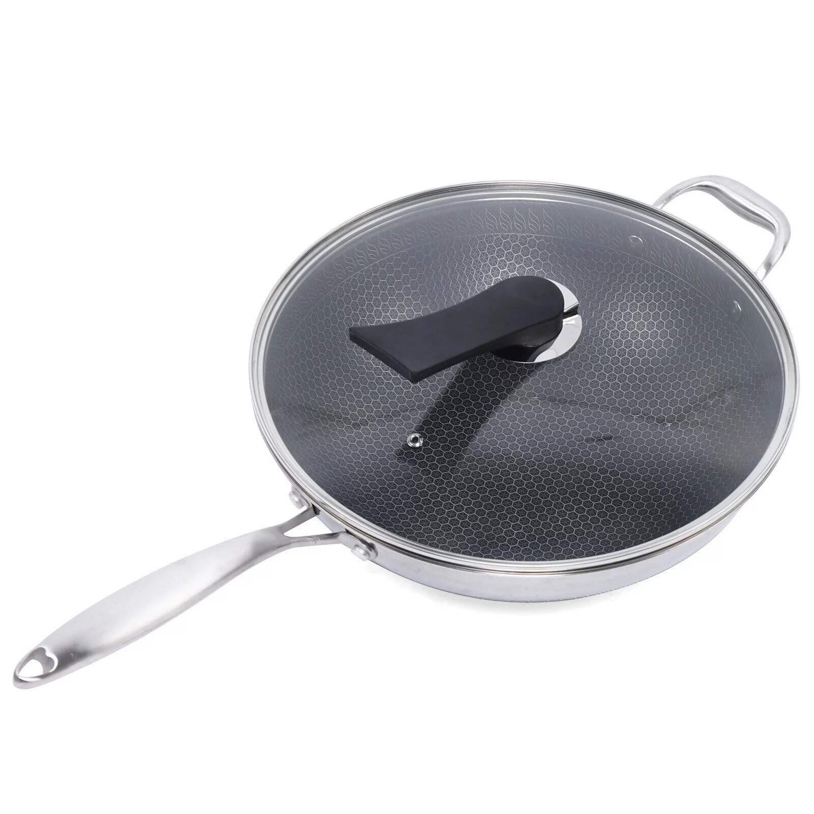 DENEST Double Sided Honeycomb Non-stick Cooker Frying Pan Stainless Wok w/ Glass Lid