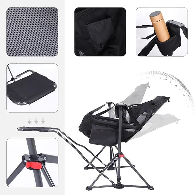 Nice C Hammock Camping Chair, Camping Chair Rocker, Swinging Chair, High Back with Stand, Cup Holder, Side Pocket, Heavy Duty (1, Black w/footrest)