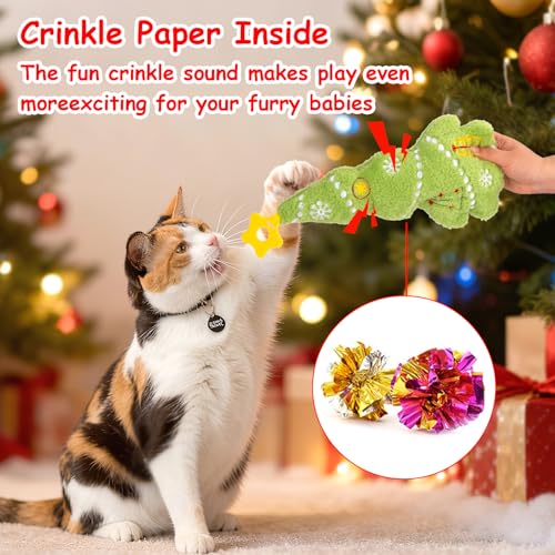 Retro Shaw Christmas Cat Toys, Kitty Xmas Catnip Toys 15.5 Inches Christmas Tree with Crinkle Sound, Safe Kitten Teeth Cleaning Toy, Interactive Kitty Kicker Toy