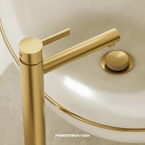 Phiestina Brushed Gold One Hole High Bathroom Vessel Sink Faucet, Single Hole Single Handle Tall Bathroom Faucet, with Pop Up Drain and Water Supply Line,FH01-BG-V
