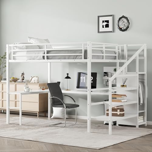 SOFTSEA Queen Size Loft Bed with LED Lights & USB Ports, Heavy Duty Metal Loft Bed with L Shaped Desk & Storage Stairs, Space Saving Gaming Bed with Storage Wardrobe for Kids Teens Adults, White