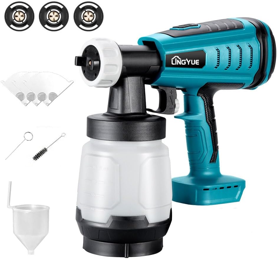 LINGYUE Cordless Paint Sprayer for 18V MAKITA Battery, 3 Copper Nozzles & 3 Spray Patterns, Easy to Clean, HVLP Spray Gun for Home Interior and Exterior/Furniture/Cabinets/Walls/Fence/Door