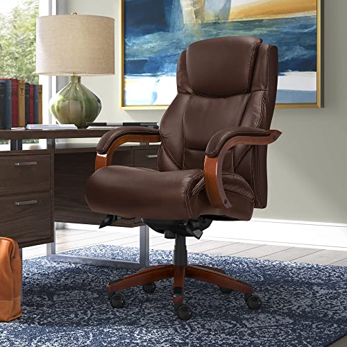 La-Z-Boy Delano Big & Tall Executive Office Chair, Ergonomic Mid-Back Body Pillow Lumbar Support, ComfortCore Memory Foam Cushion, Mahogany Wood Arms & Swivel Base, Bonded Leather, Chestnut Brown