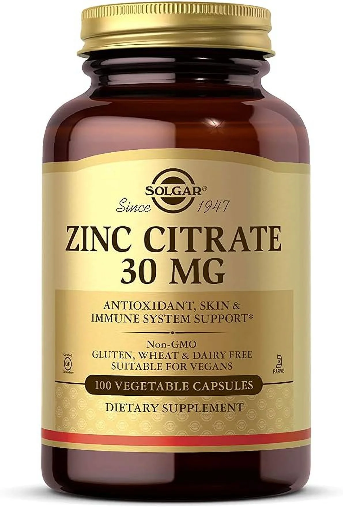 Solgar Zinc Citrate 30 mg, 100 Vegetable Capsules - Zinc for Healthy Skin, Taste & Vision - Immune System & Antioxidant Support - Citrate Form for Optimal Absorption - Non GMO, Vegan - 100 Servings