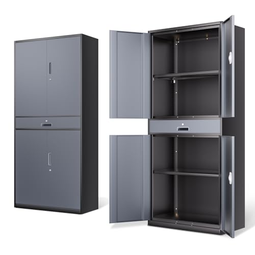 DNA MOTORING 71'' Metal Storage Cabinet, Locking Tool Cabinet with 1 Drawer and Adjustable Shelves, Lockable Heavy Duty Metal Locker for Garage,Office,Home,Gym, Gray, TOOLS-00629-GY-GY-A