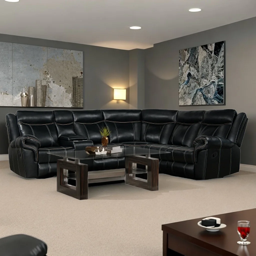 Home Theater Seating Manual Recliner Sofas with Cup Holder, Hide-Away Storage, 2 USB Ports and 2 Power Sockets for Living Room, Home Theater (Black)