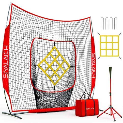 Portable Baseball Net & Softball Net 7 ftx7 ft,Baseball & Softball Tee and Net,Pitching,Batting Net,Swing Practice Net,with Strike Zone,for Kids and Adults of All Skill Levels