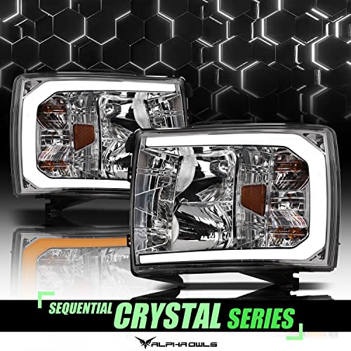 Alpha Owls 8712252 Crystal Headlights With Switchback Sequential LED Light Bar & Startup Light - Black Amber Fits 2007-2013 Chevy Silverado 1500/2007-2014 2500 3500 HD Halogen Models