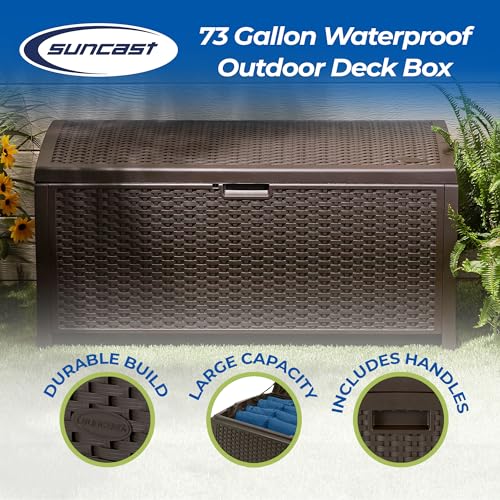 Suncast Outdoor Storage Box - 73 Gallon Mocha Brown Deck Box for Patio, Waterproof Outdoor Storage Bench, Resin Wicker Style, Heavy-Duty, Lockable Lid for Cushions, Shoes, Pool & Garden Gear