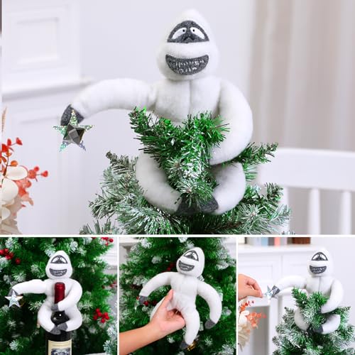 Christmas Tree Topper Abominable Snow Monster Ornament, Poseable Handmade Abominable Chimpanzees Hugger with Star, Can be Hung Snowman Tree Topper Xmas Decorations (White)