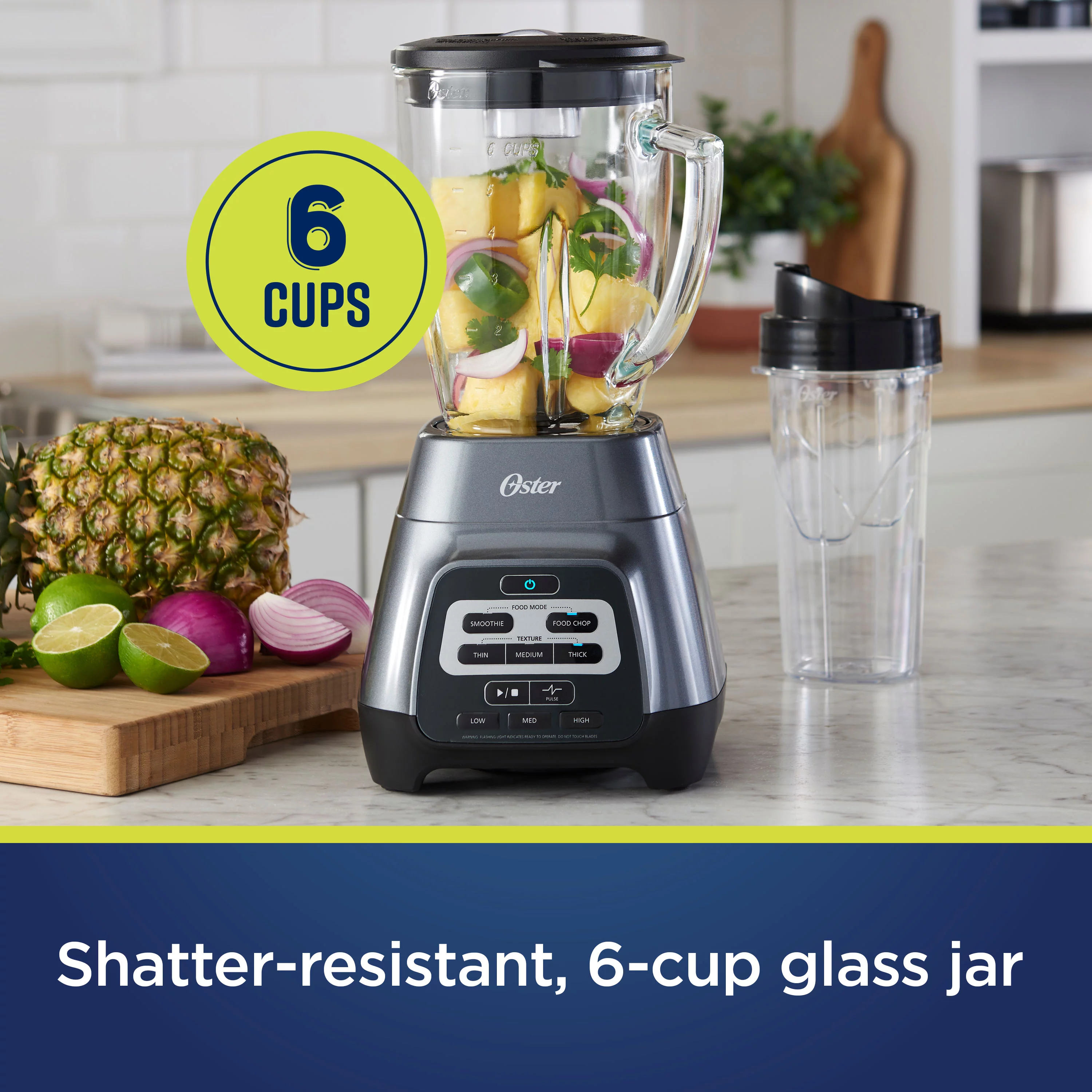 Oster Master Series Blender with Texture Select Settings, Blend-N-Go Cup and Glass Jar, Gray