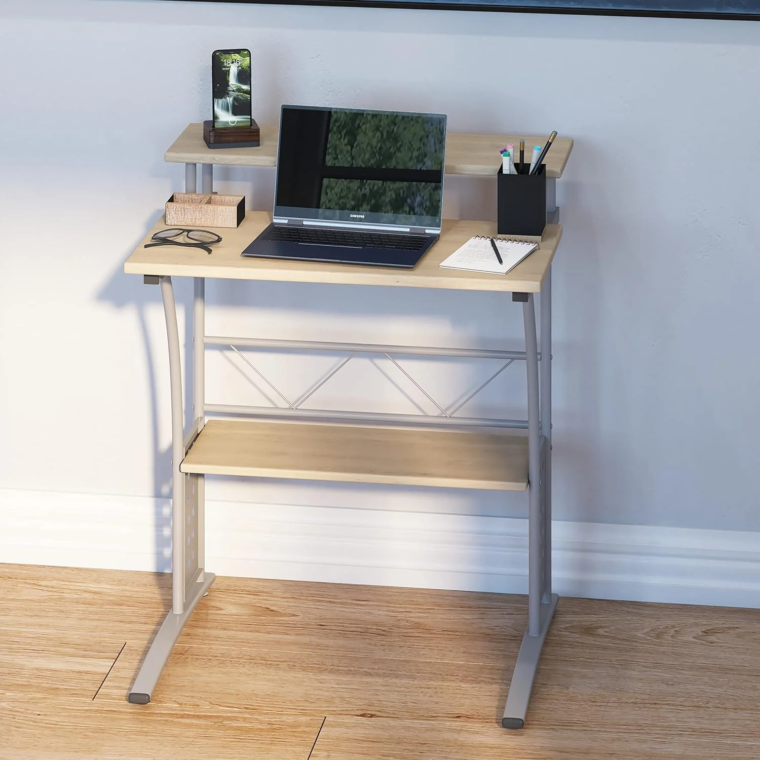 Small Computer Desk - Black Finish - Silver Steel Frame - 28 Inches Wide - Raised Monitor Platform - Lower Storage Shelf