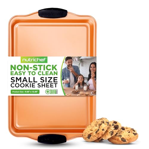 Nutrichef Nonstick Small Cookie Baking Sheet, Smooth Silicone Coating with Red Silicone Handles, Kitchen Essential, Durable Sheet Pan, Dishwasher Safe, PFOA, PFOS, PTFE Free, 13.38’’ × 8.66’’ × 0.59’’