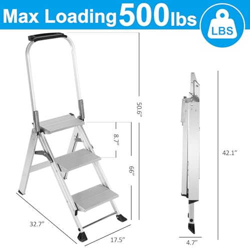 Yvan Step Ladder Pro with Tool Platform, Aluminum Folding 3 Step Stool with Non-Slip Wide Pedal, Rubber Feet, Lightweight Multi-use Ladder for Household and Office,500lbs Capacity
