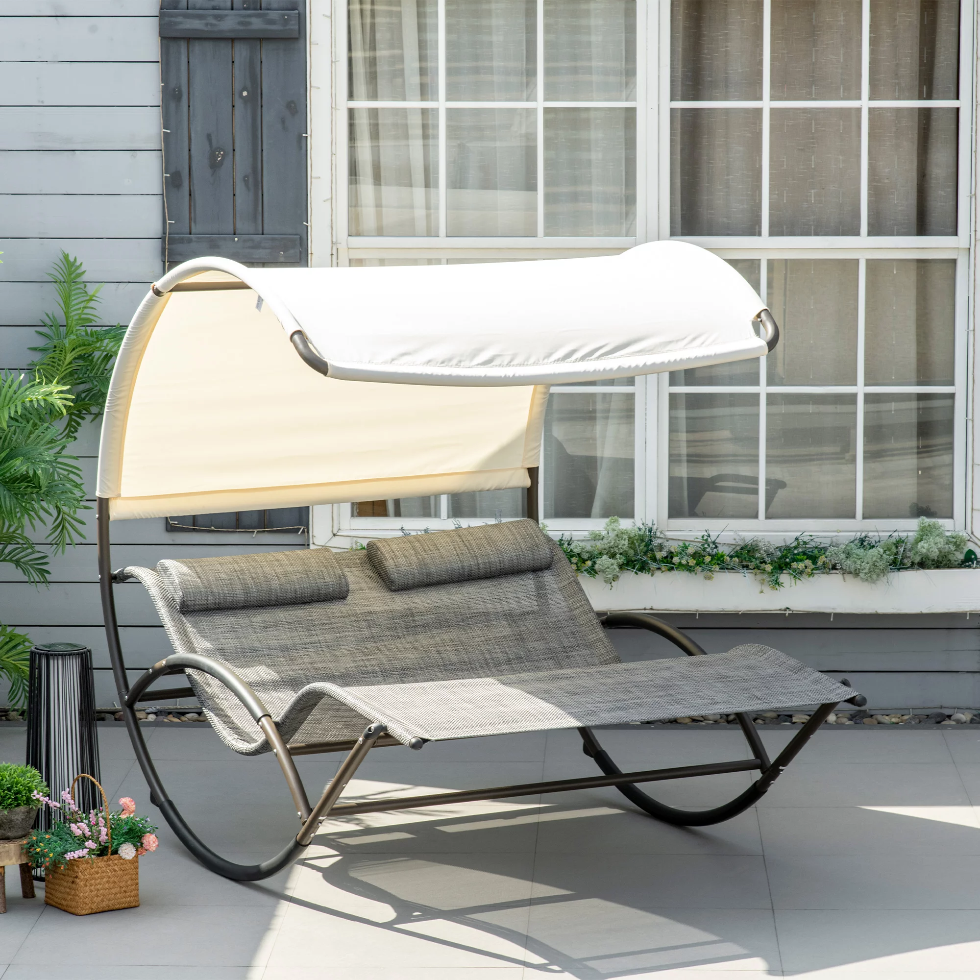 Outsunny Outdoor Rocking Bed with Canopy, Chaise Sun Lounger for Two, Gray