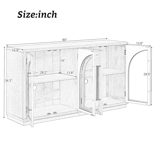 Large Sideboard Cabinet Retro Buffet Cabinet with 4 Glass Doors and Arched Design, Kitchen Cupboard Storage Cabinet for Dining Room Living Room, Black
