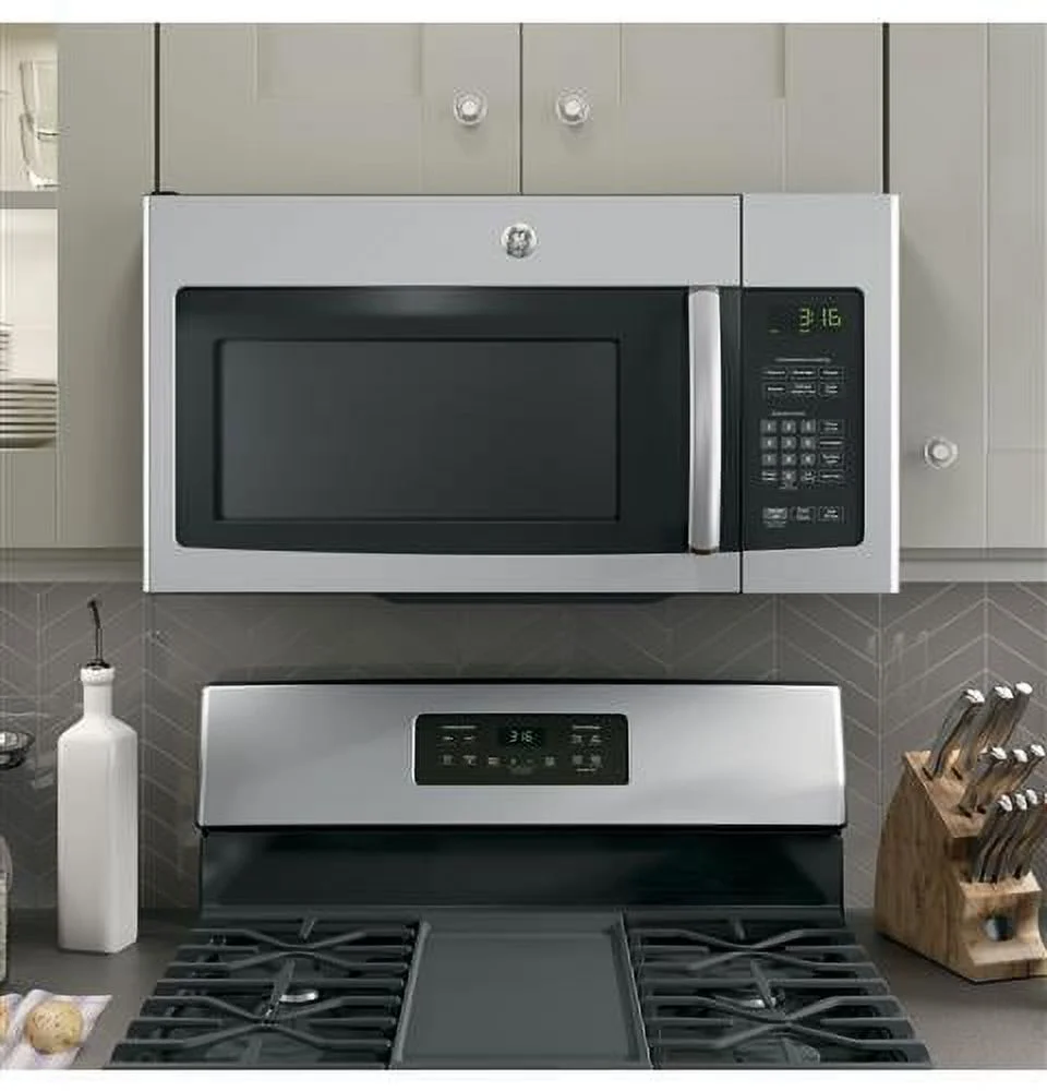 GE® Appliances 1.6 cu. ft. Over-The-Range Microwave Oven model JVM3162RJSS in Stainless Steel.