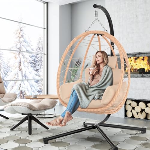 ZENPETIO Hanging Egg Chair with Stand, UV Resistant Cushion & Pillow, 370lbs Capacity – Indoor & Outdoor Use, Rattan Wicker Swing Egg Chair for Patio, Bedroom, Balcony, Beige