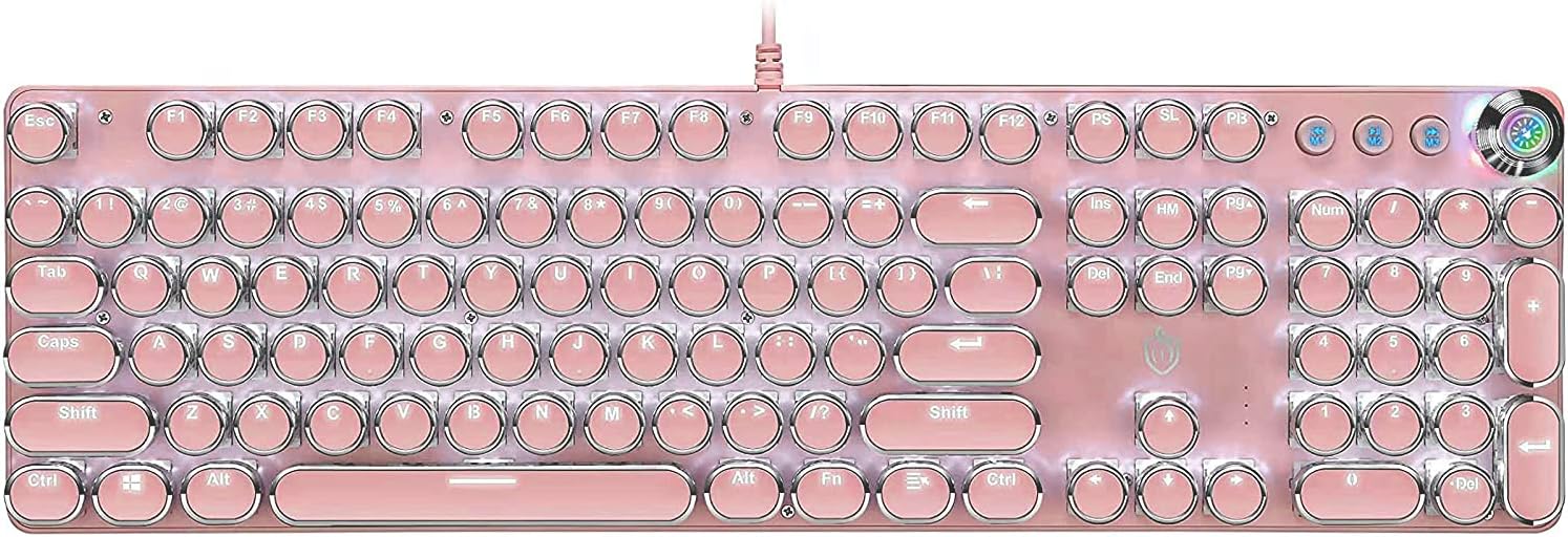 Mechanical Keyboard LED Backlit Retro USB Keyboard -Blue Switch - Retro Style and Round Keycaps -104 Keys Vintage Steampunk Gaming Multimedia Macro Program Keyboard (White)