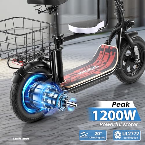 Caroma Peak 500W/800W/1200W Electric Scooter with Seat, 30 Miles Max Range Electric Scooter Adults&Teens, 48V Large Battery, 20MPH Top Speed Foldable Ebike, Adjustable E-Bike with Basket&Kid Seat