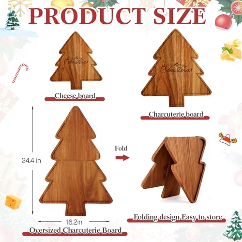 Liliful 76 Pcs Christmas Tree Charcuterie Board Accessories Set 24 x 16 Inch Large Wood Xmas Cutting Board with Cheese Knife Kitchen Gift Ideal Party Serving Platter Fruit Tray, Acacia Color