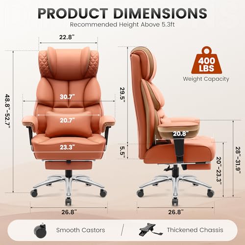 Office Desk Chair, Big and Tall Leather Gaming Chair with Footrest, Wide Ergonomic Comfy Executive High-Back Reclining Computer Chairs, Swivel Rolling Wheels and Padded Lumbar Support, Black