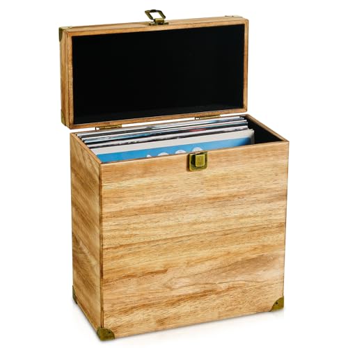 Vinyl Record Storage Box, Vintage Wooden LP Album Collection Storage Record Case Crate Organize 7/10/12 Inch Standard Records, Holds 40 Records - Carbonized Brown (Without window)