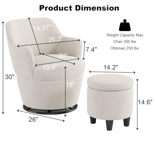 Upholstered Swivel Chair with Storage Ottoman,360° Swivel Accent Lounge Sofa with Metal Base,Comfortable Cotton Linen Barrel Reading Armchair for Living Room, Bedroom, Office (Beige)