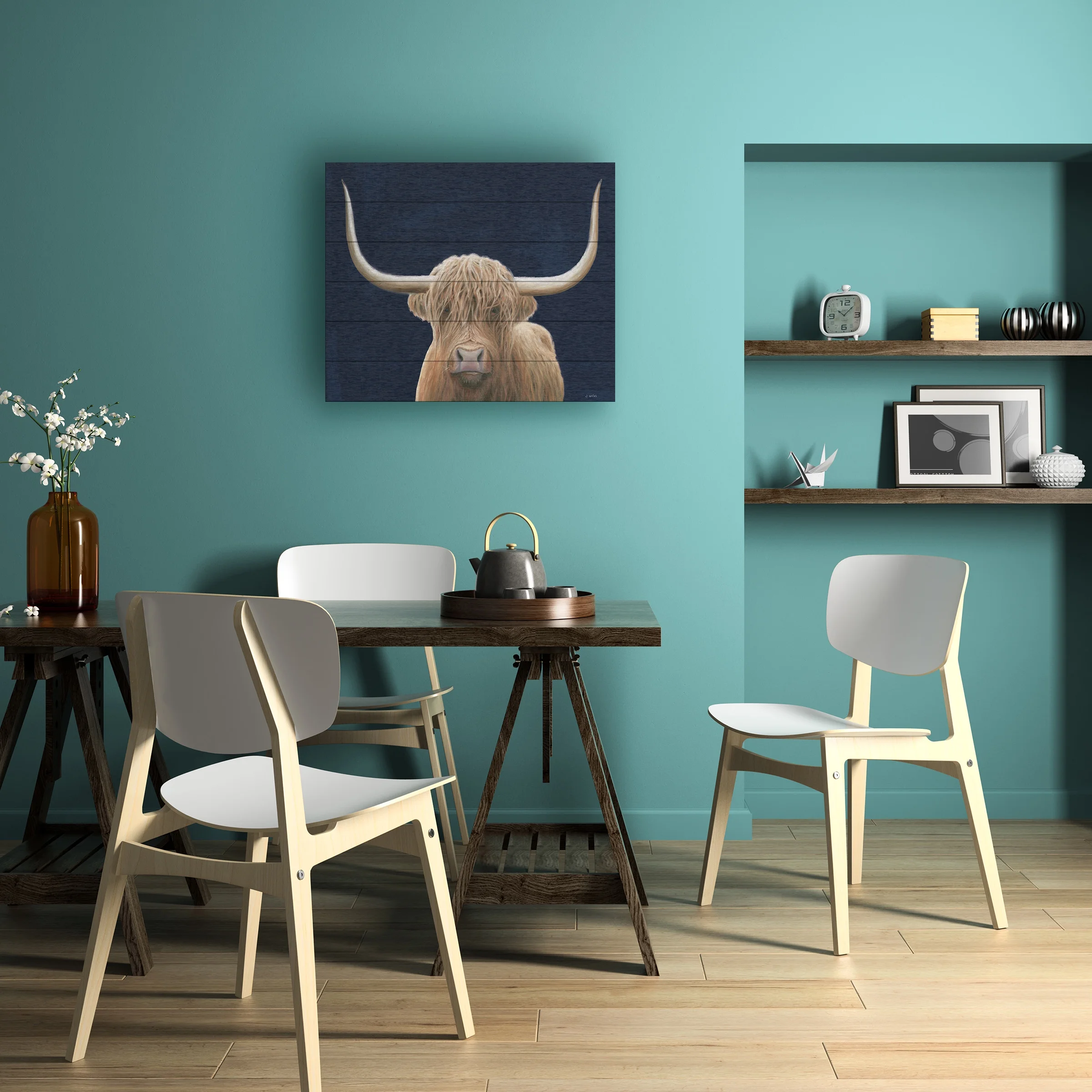 James Wiens 'Highland Cow Navy' Wood Slat Art 18x22