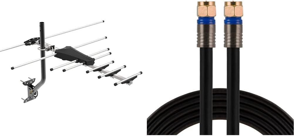 GE Outdoor HD Digital TV Antenna, Supports 4K 1080P HD Smart TV VHF UHF, J Mount Included & GE RG6 Coaxial Cable, 50 ft. F-Type Connectors, Quad Shielded Coax Cable, 3 GHz Digital, in-Wall Rated