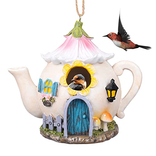 Hanging Birdhouse for Outdoor, Garden Decorative Wooden Bird House, Colorful Flower Two-Tiered for Hummingbird Small Bird