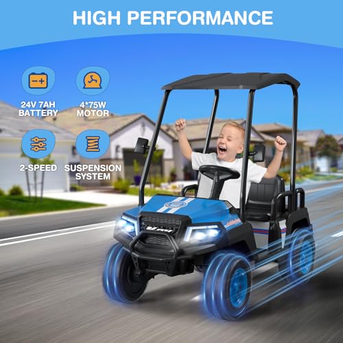 R9 24V Kids Golf Cart, 4 Seats, 4WD Kids Electric Car w/Remote Control, Detachable Awning, Spring Suspension, Multimedia Functions Including Music, Story, Wireless Connection, Horn, Power Display