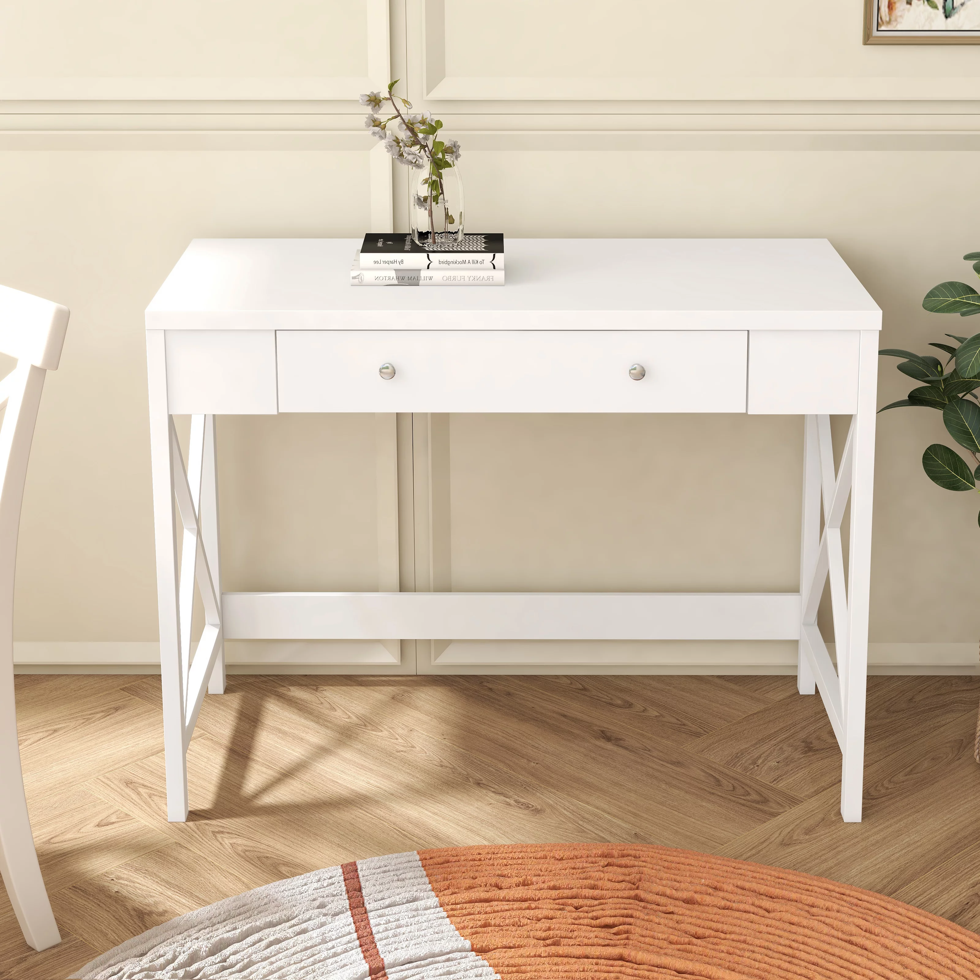 paproos White Work Study Table, Desk with a Storage Drawer for Living Room Home and Office