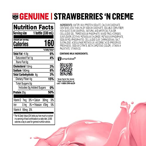 Muscle Milk Genuine Protein Shake, Vanilla Creme, 11.16 Fl Oz Bottle, 12 Pack, 25g Protein, Zero Sugar, Calcium, Vitamins A, C & D, 5g Fiber, Energizing Snack, Workout Recovery, Packaging May Vary