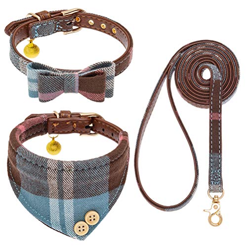 EXPAWLORER Dog Collar and Leash Set - Classic Plaid Dog Bow Tie and Dog Bandana Collar with Bell, Dog Leash Tangle Free, Adjustable Collars for Small Medium Large Dogs Cats, Holiday Ideal Gift, S