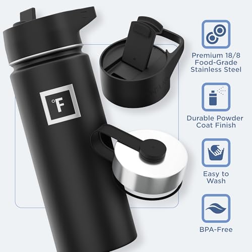 IRON °FLASK Camping & Hiking Hydration Flask with 3 Lids - Stainless Steel, Double Walled & Vacuum Insulated Water Bottle - Leak Proof & BPA Free (Midnight Black, Straw - 40 oz)