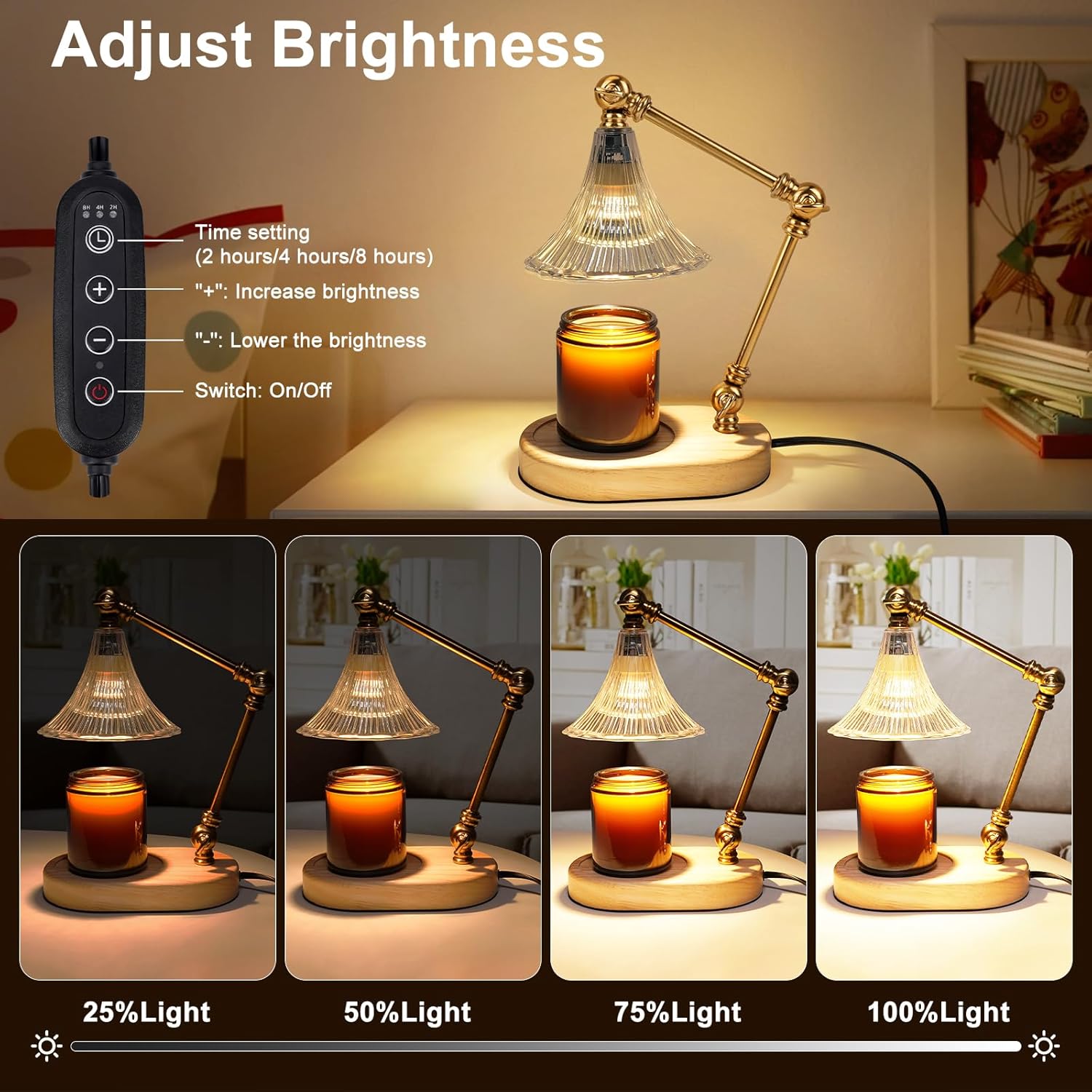 Candle Warmer Lamp with Timer, Flower Candle Warmer Lamp Adjustable Height, Dimmable Electric Candle Lamp Warmer with 2 Bulbs, No Flame Wax Melt for All Size Jar Candles, Present for Women, Home Decor