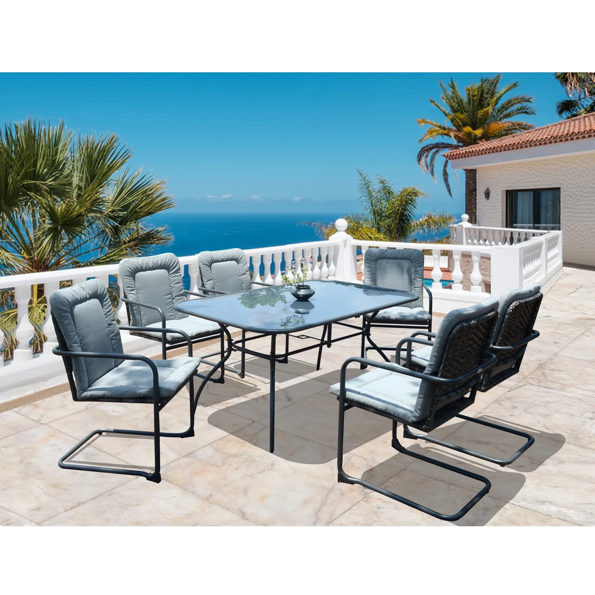 Oasis Casual Emelia 7Pcs Dining Set Six Wicker Spring Chairs,One Tempered Glass Rectangular Table