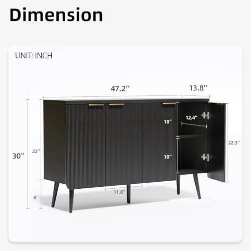 Buffet Cabinet with Storage, Fluted Multifunctional Storage Cabinet with 4 Doors, Modern Sideboard Buffet Credenzas for Living Room, Entryway, Hallway, Black