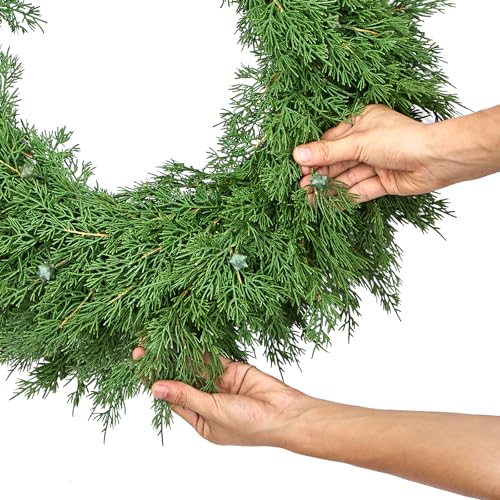 22Inch Christmas Wreath for Front Door, Real Touch Cedar Wreath, Unlit Plain Artificial Cypress Wreath for Xmas