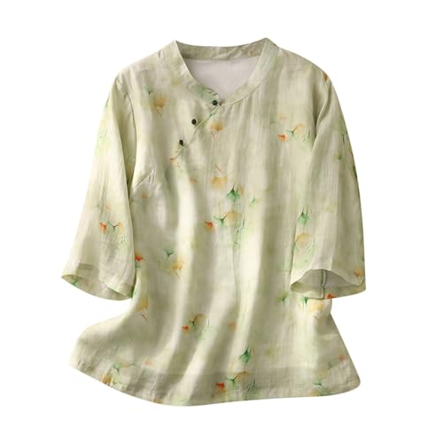 Stand Collar Button Tops for Women Fashion 2024 Floral Embroidered Chinese Linen T-Shirts Casual 3/4 Sleeves Blouse