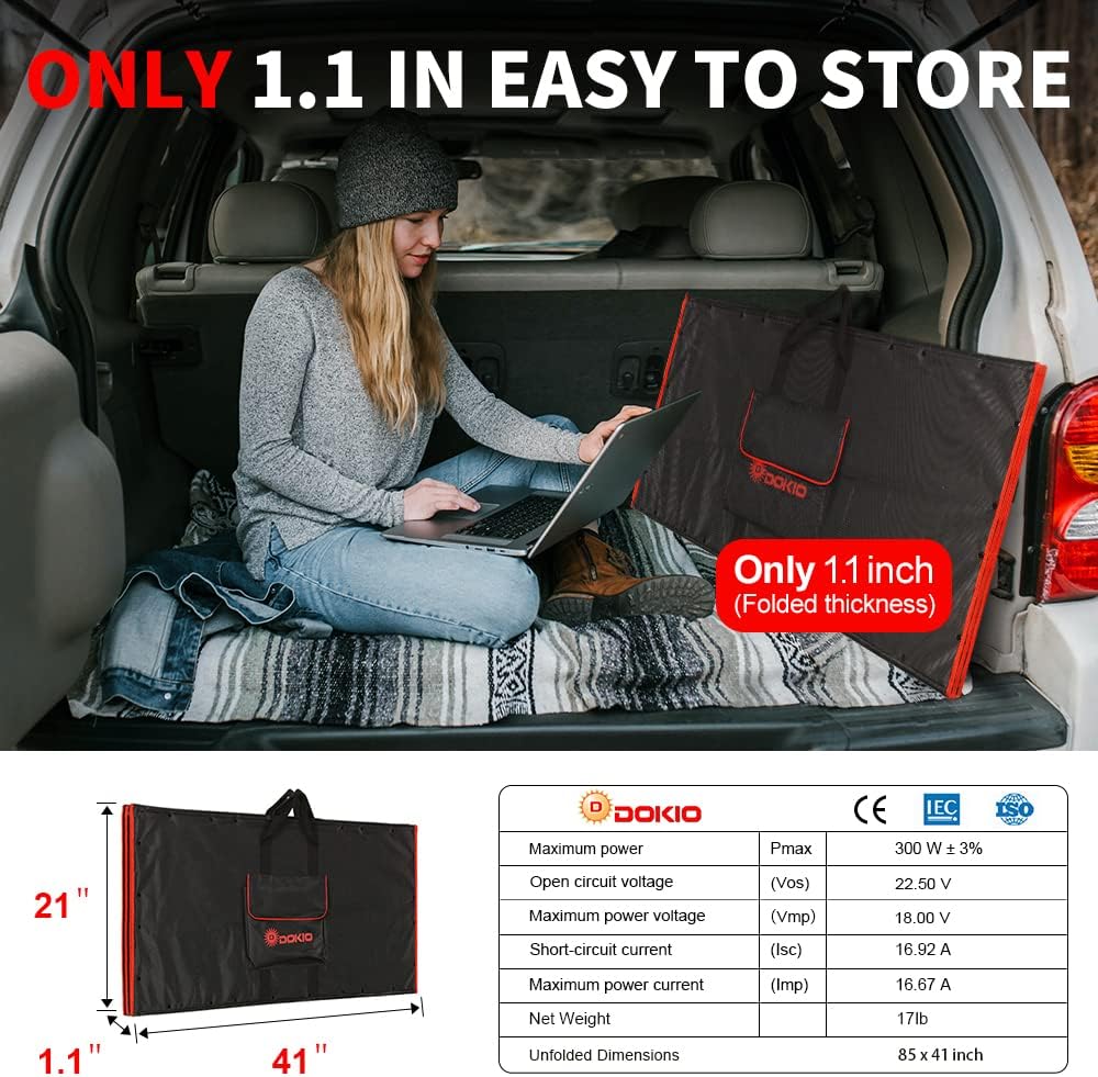 DOKIO 300W 18V Portable Solar Panel Kit (ONLY 0.9in Thick) Folding Solar Charger with 2 USB Outputs for 12v Batteries/Power Station AGM LiFePo4 RV Camping Trailer Car Marine